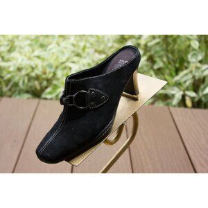 Women's Aerosoles Mules Slip On Black Leather Cinch Worm Silver Suede Uppers 6M